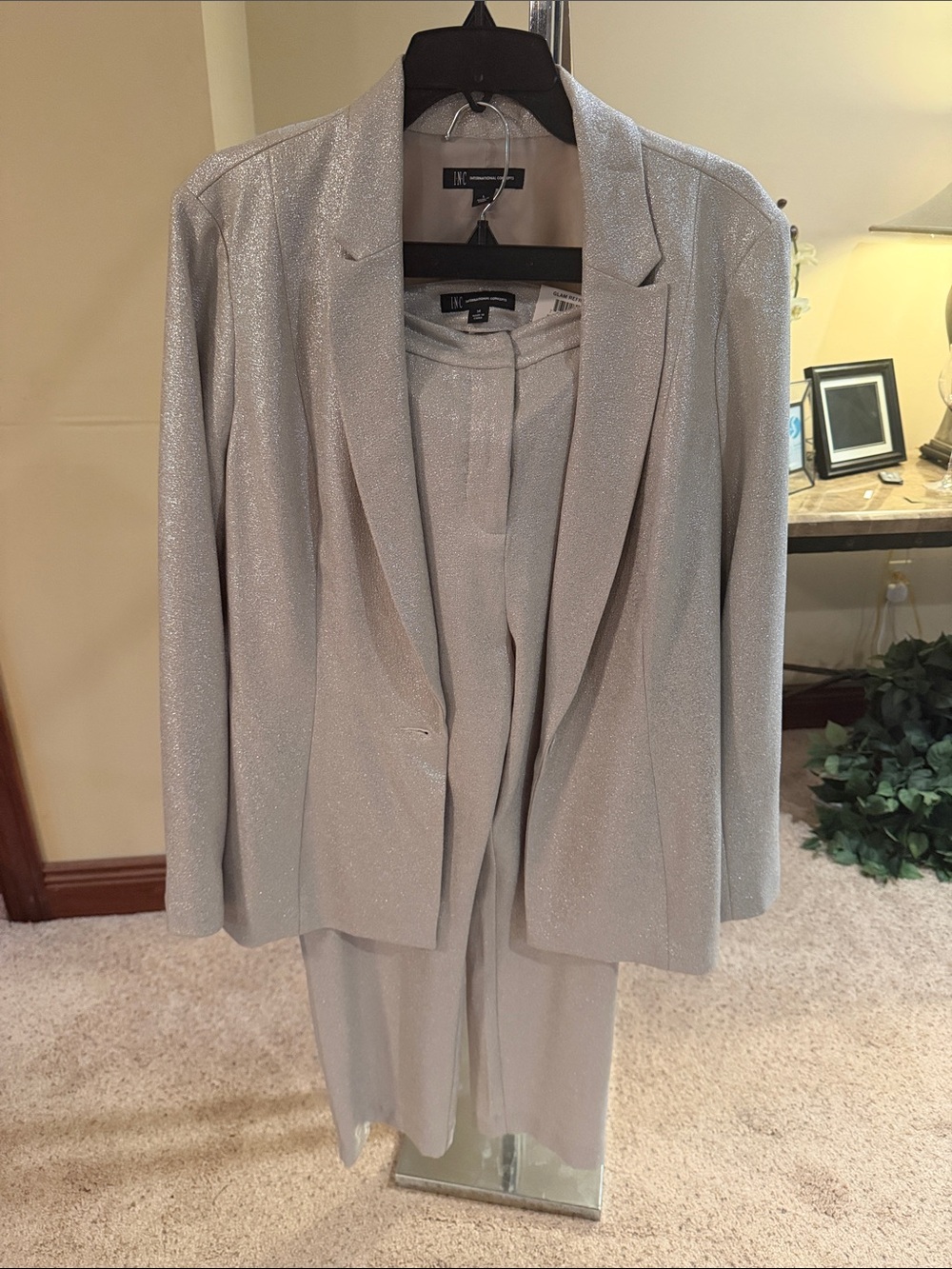 INC International Concepts Silver Shimmer Blazer and Pants Set